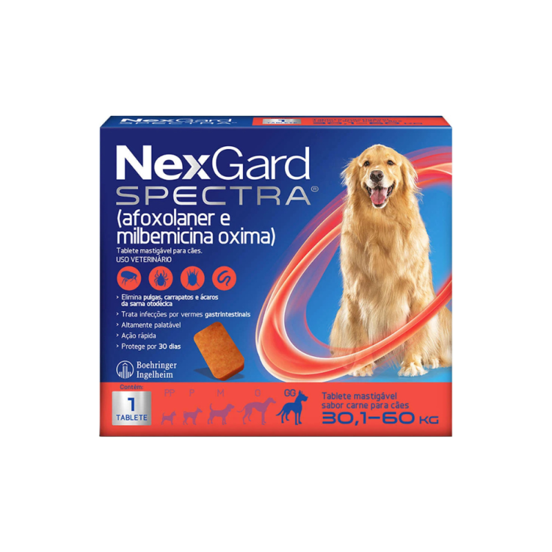 NexGard Spectra GG Antipulgas, Carrapatos e Vermífugo para Cães 30,1Kg a 60Kg Caixa com 1 Comprimido