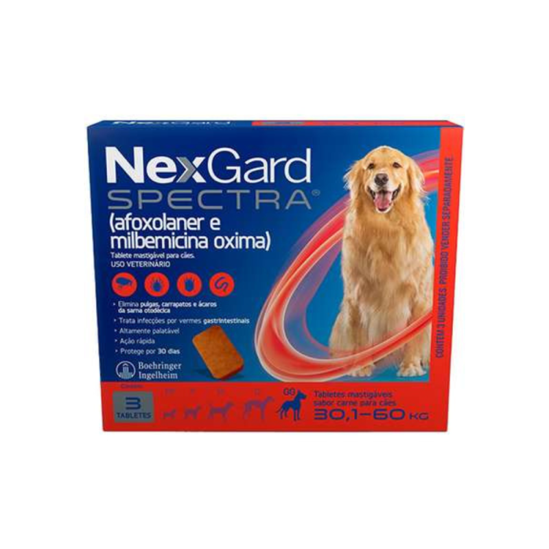 NexGard Spectra GG Antipulgas, Carrapatos e Vermífugo para Cães 30,1Kg a 60Kg Caixa com 3 Comprimidos