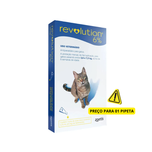 Antipulga Revolution 6% Gato 2,6 A 7,5kg 0,75ml Caixa Com 1 Pipeta