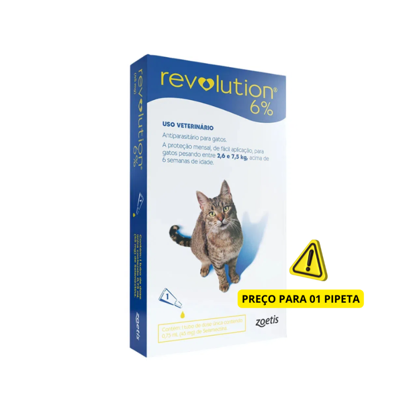 Antipulga Revolution 6% Gato 2,6 A 7,5kg 0,75ml Caixa Com 1 Pipeta
