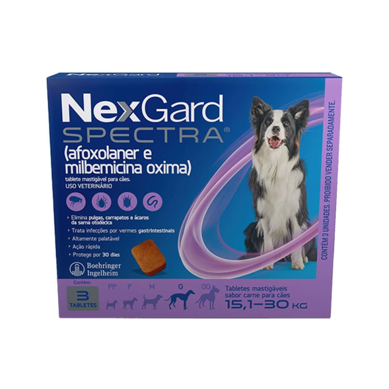 NexGard Spectra G Antipulgas, Carrapatos e Vermífugo para Cães 15,1Kg a 30Kg Caixa com 3 Comprimidos