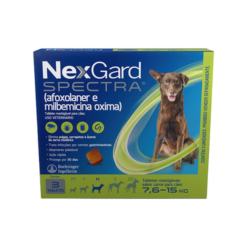 NexGard Spectra M Antipulgas, Carrapatos e Vermífugo para Cães 7,5Kg a 15Kg Caixa com 3 Comprimidos