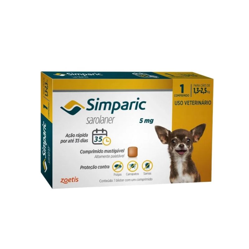 Antipulgas e Carrapatos Simparic 5Mg para cães 1,3 a 2,5 kg caixa com 1 comprimido Antipulgas e Carrapatos Simparic 5Mg para cães 1,3 a 2,5 kg caixa com 1 comprimido