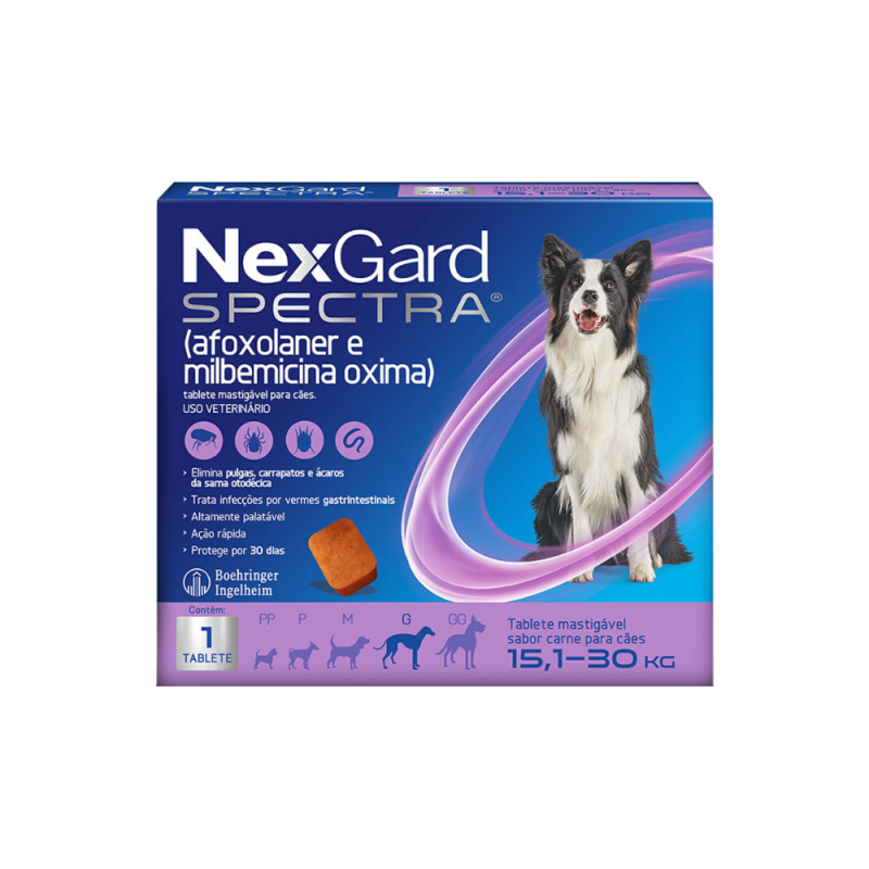NexGard Spectra G Antipulgas, Carrapatos e Vermífugo para Cães 15,1Kg a 30Kg Caixa com 1 Comprimido NexGard Spectra G Antipulgas, Carrapatos e Vermífugo para Cães 15,1Kg a 30Kg Caixa com 1 Comprimido