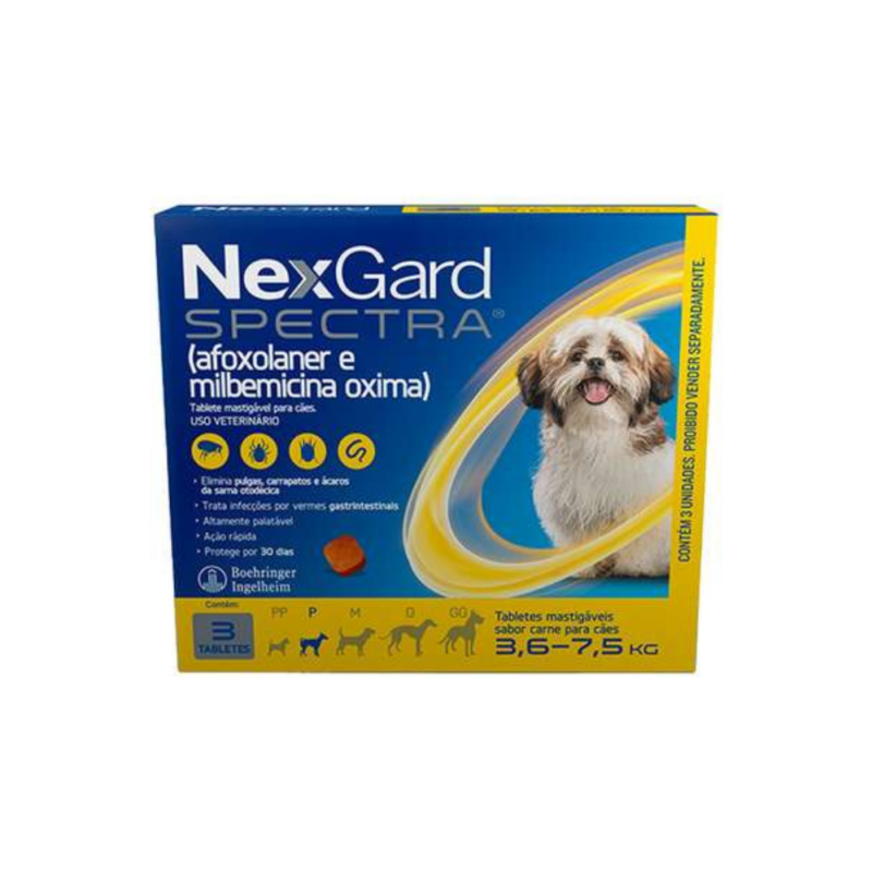 NexGard Spectra P Antipulgas, Carrapatos e Vermífugo para Cães 3,6Kg a 7,5Kg Caixa com 3 Comprimidos NexGard Spectra P Antipulgas, Carrapatos e Vermífugo para Cães 3,6Kg a 7,5Kg Caixa com 3 Comprimidos