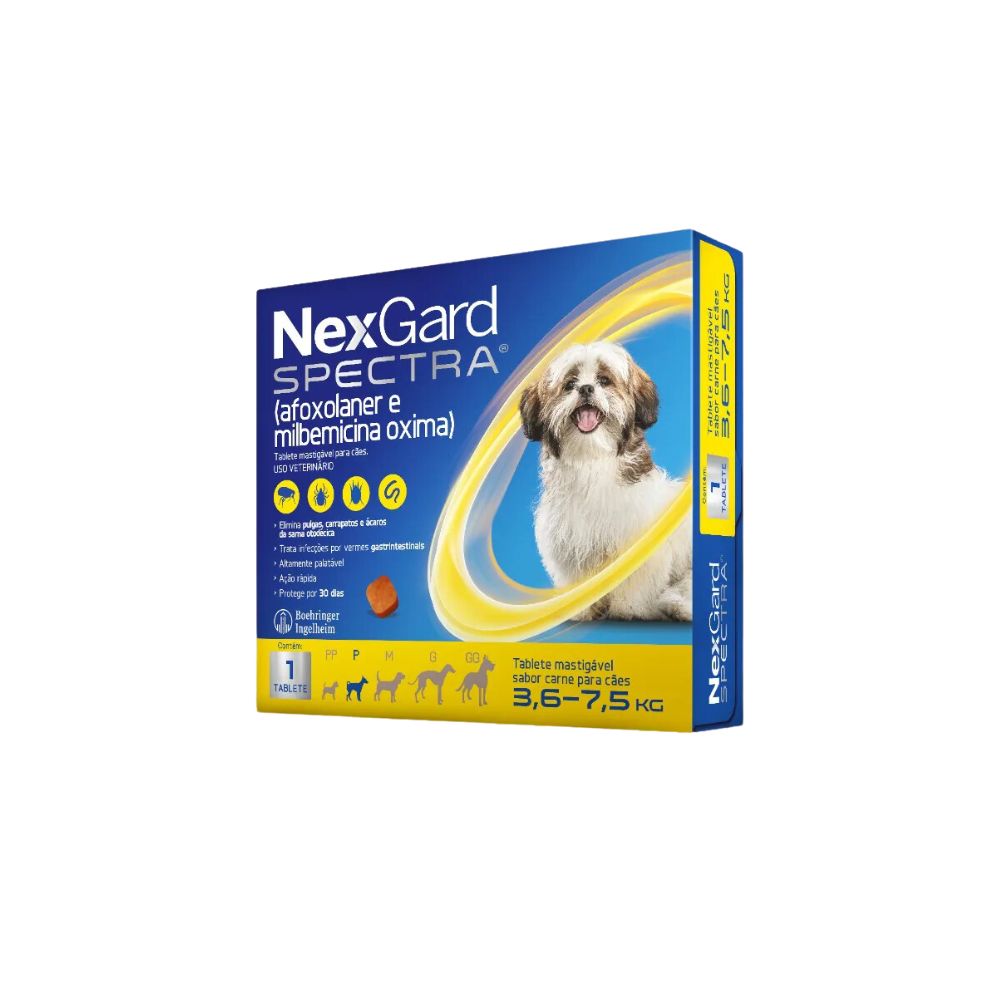 NexGard Spectra P Antipulgas, Carrapatos e Vermífugo para Cães 3,6Kg a 7,5Kg Caixa com 1 Comprimido NexGard Spectra P Antipulgas, Carrapatos e Vermífugo para Cães 3,6Kg a 7,5Kg Caixa com 1 Comprimido